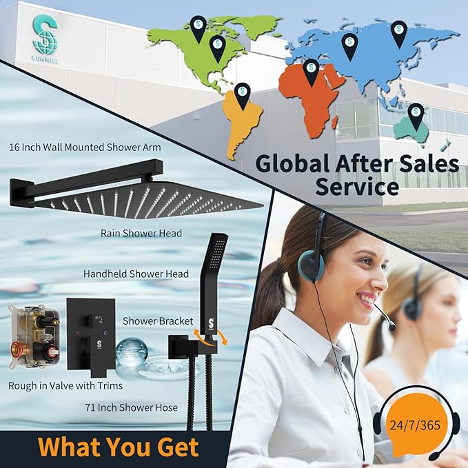 SR SUN RISE Matte Black Square Rainfall Shower Head and Handle Set, Wall Mounted Shower Fixtures, Metal Shower Faucet Trim Repair Kits (With Shower Valve) 16 Inches