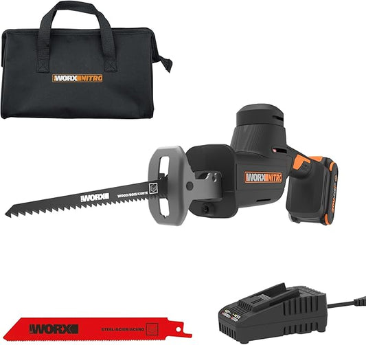 WORX 20V Compact Electric Cordless Reciprocating Saw, 1” Stroke Length, Brushless Motor for 50% Longer Runtime, Lightweight Design for One-handed Operation –Battery & Charger Included WX501L