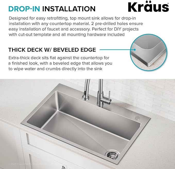 KRAUS Fairlane 33-inch Drop In/Top Mount Single Bowl 18-Gauge Stainless Steel Kitchen Sink, KHT640-33