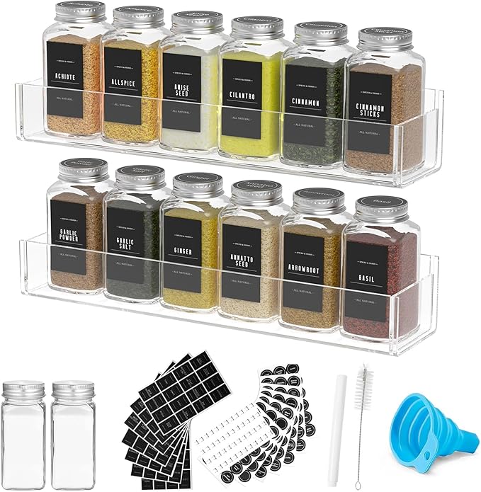 PMMASTO Adhesive Acrylic Spice Rack Organizer with 12 Empty Square Spice Jars, 238 Spice Labels with Chalk Marker and Funnel Complete Set for Kitchen Cabinet/Pantry Door (Clear - 2 Pack)