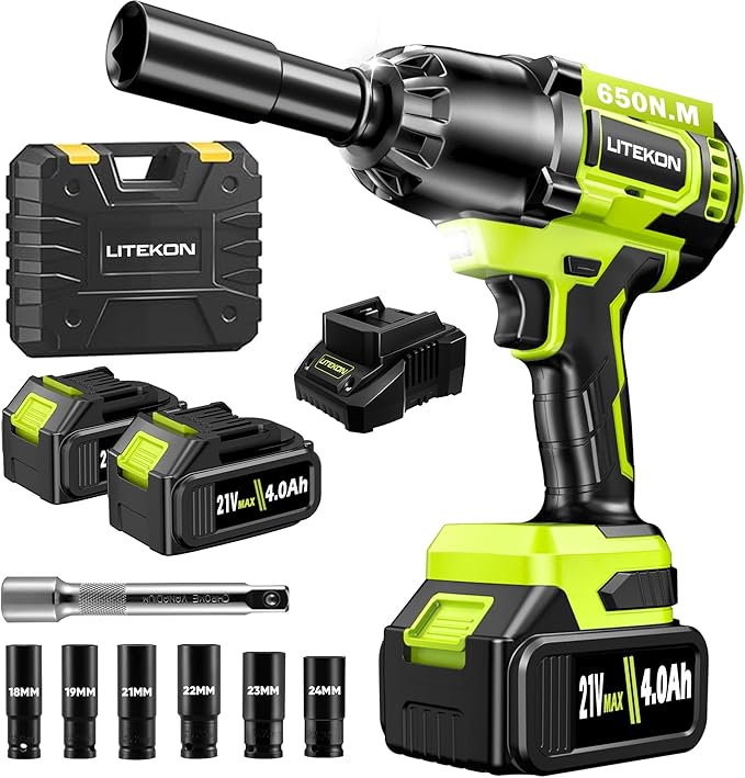 Cordless Impact Wrench 1/2 Inch, 480Ft-lbs (650N.m) Brushless High Power Impact Wrench Tool with 2x4000mAh Battery, 2500RPM High Torque Impact Gun, 7 Sockets for Home Car/Truck RV/Mower -2025 Upgraded