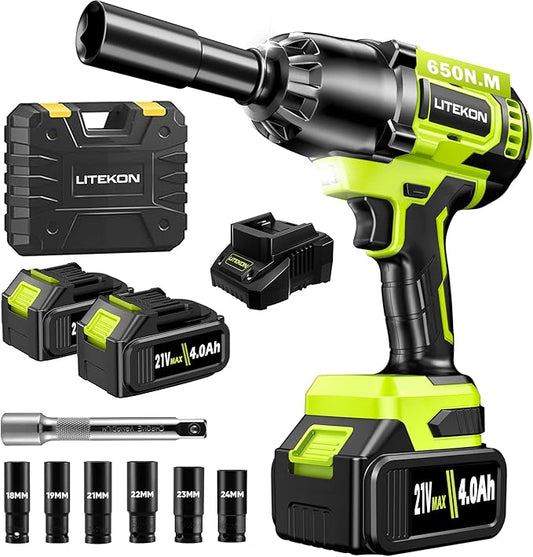 Cordless Impact Wrench 1/2 Inch, 480Ft-lbs (650N.m) Brushless High Power Impact Wrench Tool with 2x4000mAh Battery, 2500RPM High Torque Impact Gun, 7 Sockets for Home Car/Truck RV/Mower -2025 Upgraded