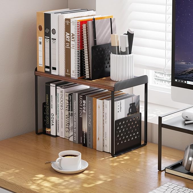 Mitus Shelf Organizer and Storage, Tiered Wood Cabinet Rack for The Kitchen Counter, Bathroom Counter, Pantry Cupboard, Office Desk Bookshelf, 16" Wide Walnut Brown and Black (Large)