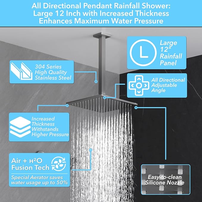 VANFOXLE Shower Faucet Set Brushed Nickel Shower System,Push Button Diverter Shower Faucet with 2 in 1 Handheld,Ceiling Mount Increased Thickness 12 Inch Shower Head with 6 Inch Wall Mount Shower Head