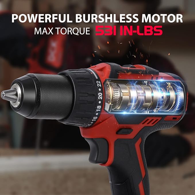 DCK Brushless Cordless Drill Set, 20V Max Electric Drill with 4.0Ah Battery 531in.lbs, 1/2Inch Keyless All-Metal Chuck, 2 Variable Speeds, Power Drill Kit for Screw Wood/Ceramic/Tile/Steel KDJZ04-13