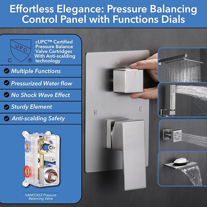 VANFOXLE Shower Faucet Set Brushed Nickel Shower System,Four Modes Shower Faucet with 2 in 1 Handheld,Wall Mount 10 Inch Shower Head with Waterfall Spout, 4 PCS Dual Modes Body Jets