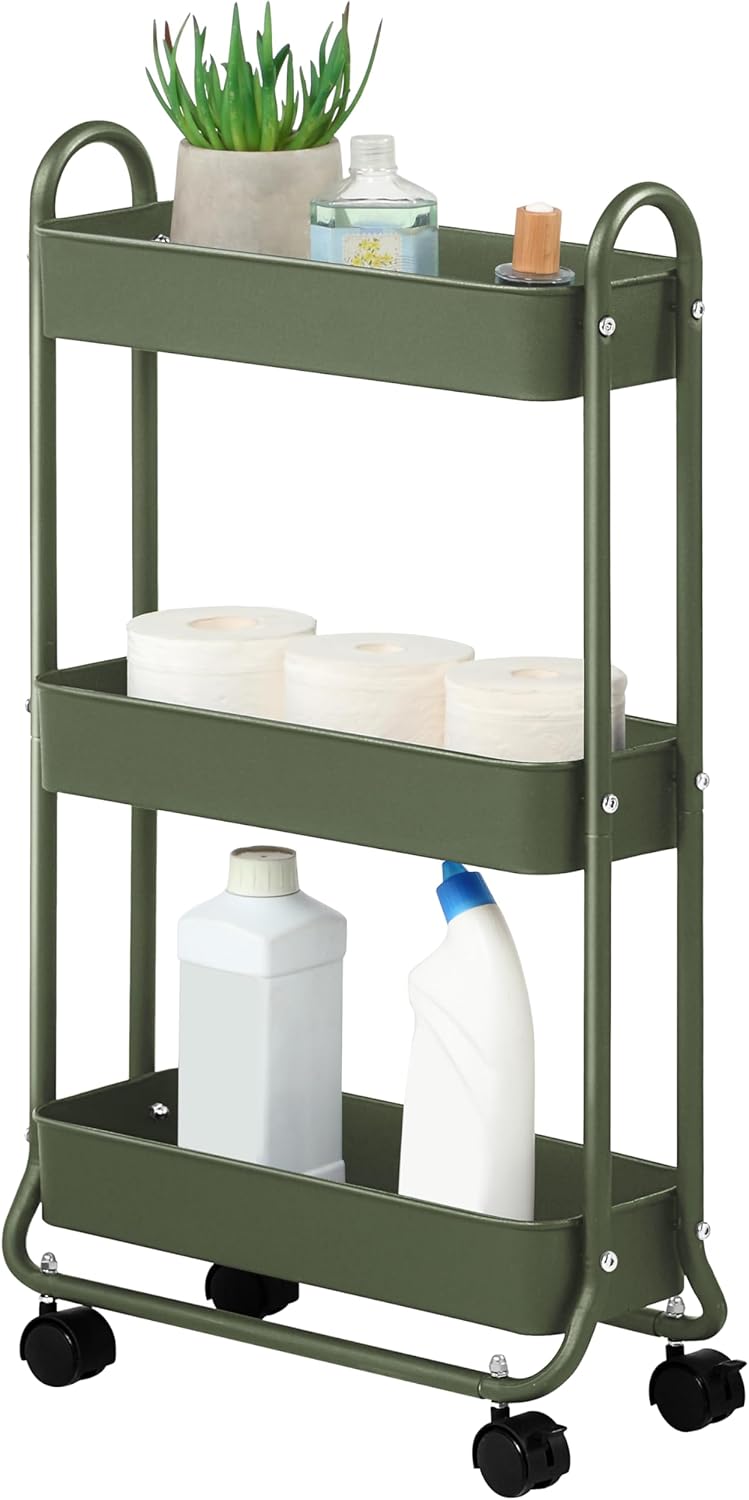 SunnyPoint Slim Rolling Storage Cart, 3 Tier Bathroom Storage Organizer Bathroom, Laundry Utility Cart (Army)