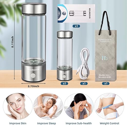 Hydrogen Water Bottle,Hydrohealth Hydrogen Water Bottle,Aqua Fusion Hydrogen Water Generator,SPE PEM Water Filter Pitcher 1800PPB 420ml Water Purifier,Glass Water Ionizer for Gifting(Silver)