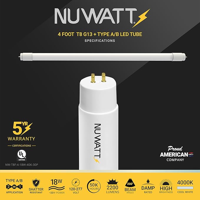 NUWATT 30 Pack 4 FT LED T8 Tube Light, T10 T12 Hybrid Type A+B, 4000K Cool White, 18W, High Brightness 2,200 Lumens, Plug & Play OR Ballast Bypass Fluorescent Tube Replacement, Single or Double Ended