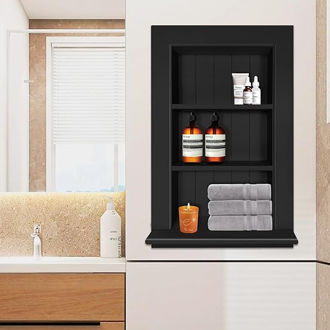 Royxen Bathroom Wall Cabinet with 3-Tier Shelves,Wooden Recessed Medicine Cabinet Over Toilet Storage Cabinet,Bathroom Cabinet Wall Mount for Home Storage, 14 x 24 Inch, Black