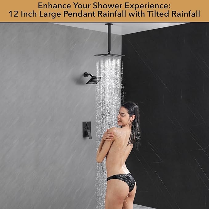 VANFOXLE Shower Faucet Set Matte Black Shower System,Push Button Diverter Shower Faucet with 2 in 1 Handheld,Ceiling Mount Increased Thickness 12 Inch Shower Head with 6 Inch Wall Mount Shower Head