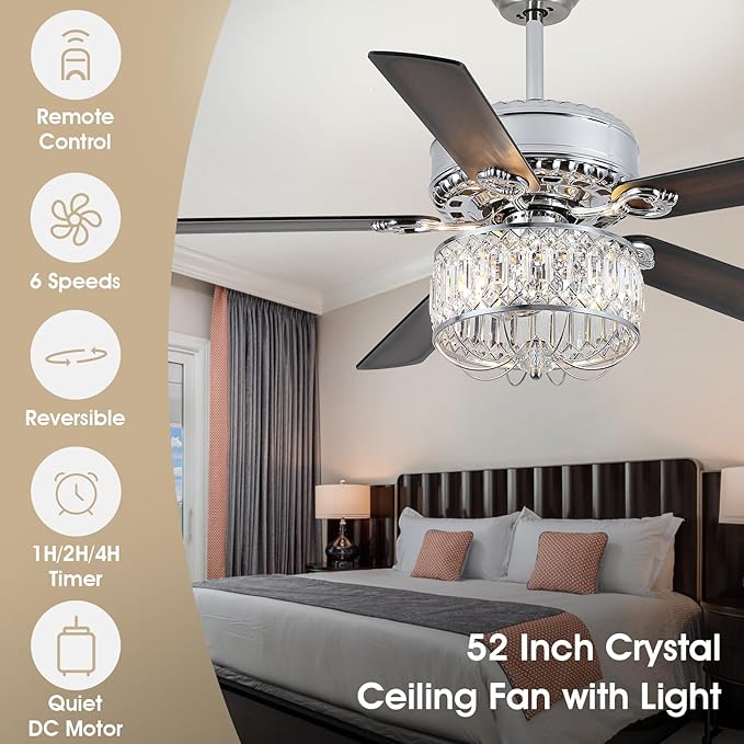 Chandelier Ceiling Fans with Lights - 52 Inch Modern Farmhouse Fandelier Ceiling Fan with Remote, Crystal Ceiling Fan Light for Bedroom Living Room, Dual Finish Wooden Blades, Chrome