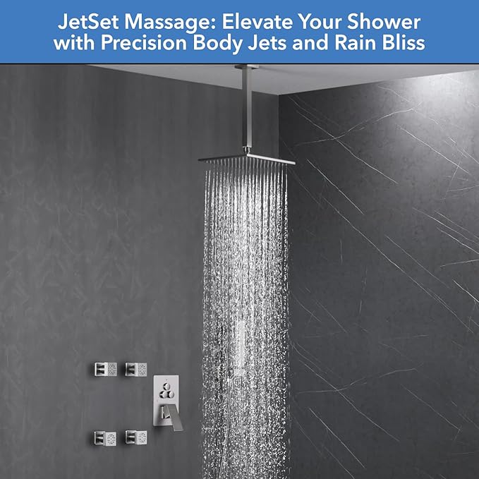 VANFOXLE Shower Faucet Set Brushed Nickel Shower System with 4 PCS Dual Modes 2 Inch Body Jets,Push Button Diverter Shower Fixtures with 2 in 1 Handheld,Ceiling Mount 10 Inch Shower Head