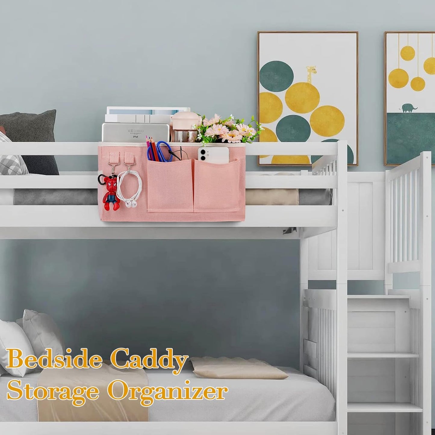 Bedside Storage Caddy/Bedside Hanging Storage Bag for Headboards Bunk Beds Dorm Rooms Book Phone Magazine Holder (2PC Light Pink)