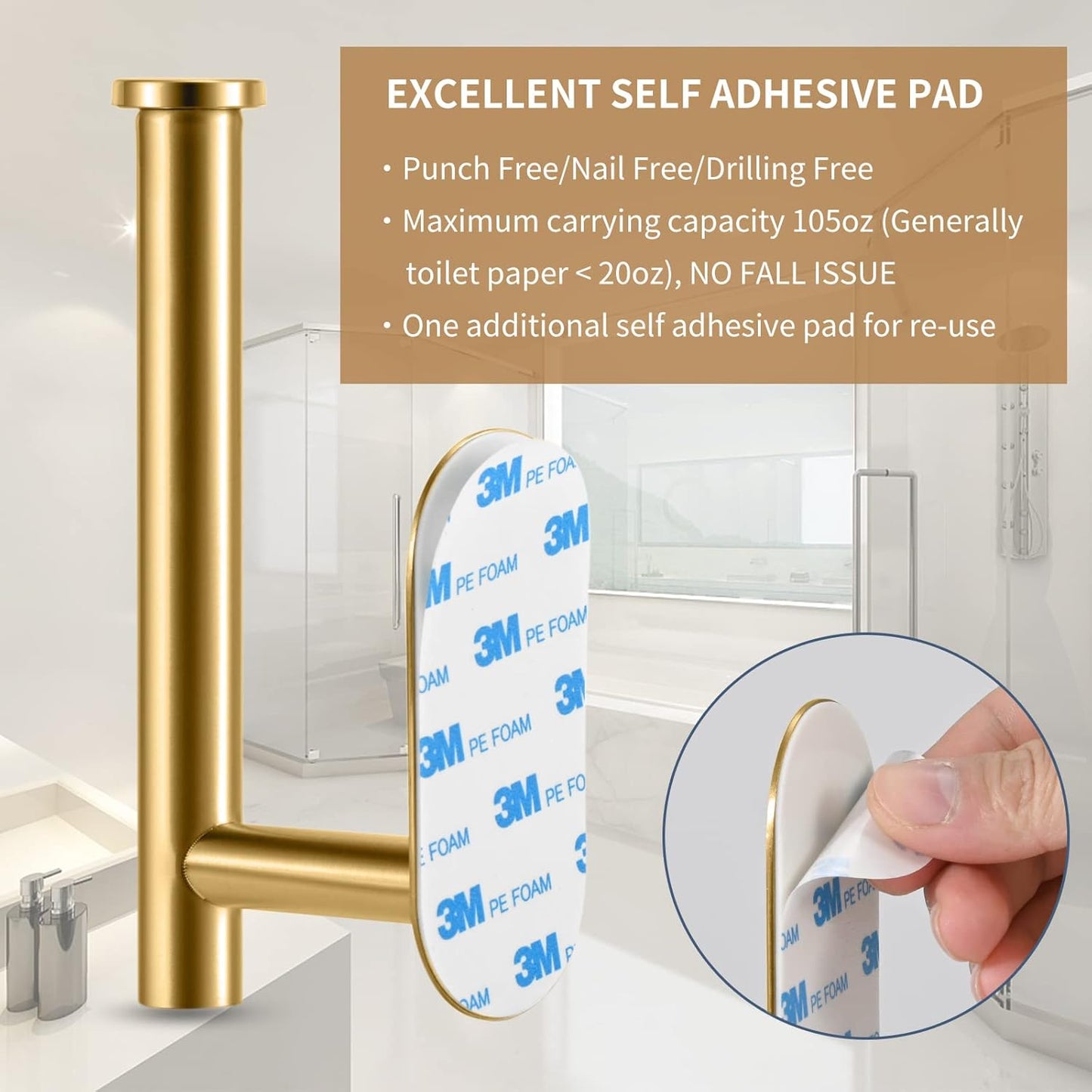 Toilet Paper Holder,Gold,Wall Mount, Upgraded Adhesive Toilet Roll Holder,no Drilling,Bathroom/Rv/Washroom,SUS 304 Stainless Steel,Rustproof (Gold, 1 Piece)