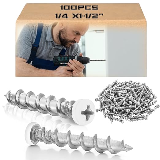 Blulu 100 Pcs Drywall Anchors 1/4 x 1-1/2 Inch White Pan Head Alloy Steel Light Wall Anchors Heavy Duty Self Drilling Screws for Drywall, Wood and Other Masonry Materials