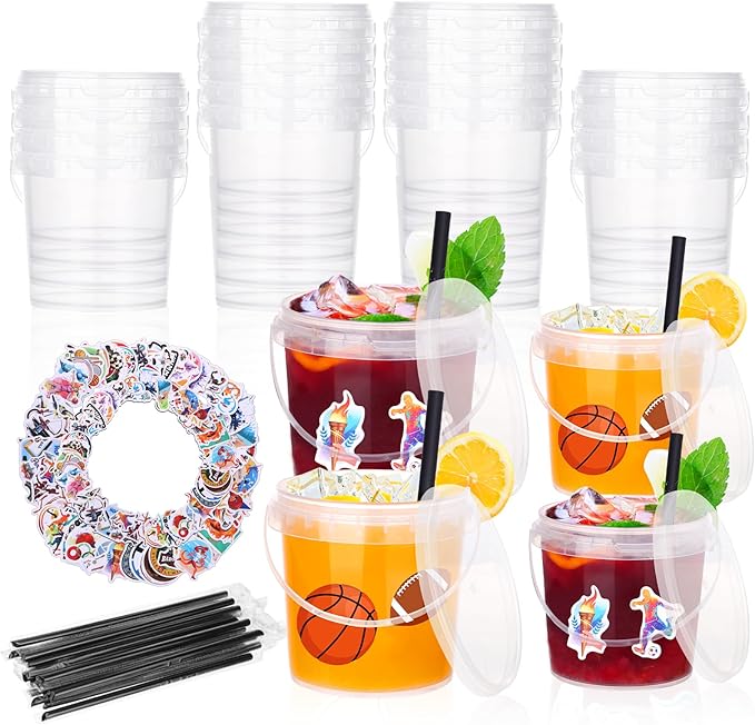 30 Pcs Ice Cream Buckets with Lids and Handles Drink Rum Buckets for Parties Cocktails Reusable Clear Plastic Food Containers with 50 Pcs Sports Stickers
