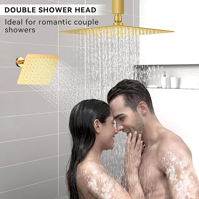 Shower Faucet Set Brushed Gold Shower System, STARBATH 12+6" Dual Rain Shower Head with Handheld Spray for Two People,Wall Mount Rainfall 3 Way Shower Valve with 5 Diverter and Trim Kit Complete