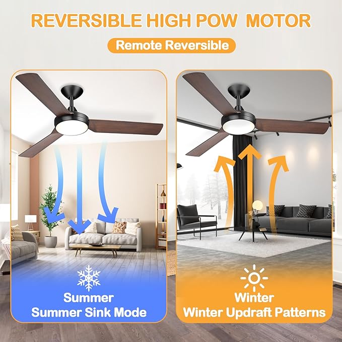 Ceiling fan with lights, 52 inches, color adjustable with remote control, no noise, reverse flow energy saving, modern design