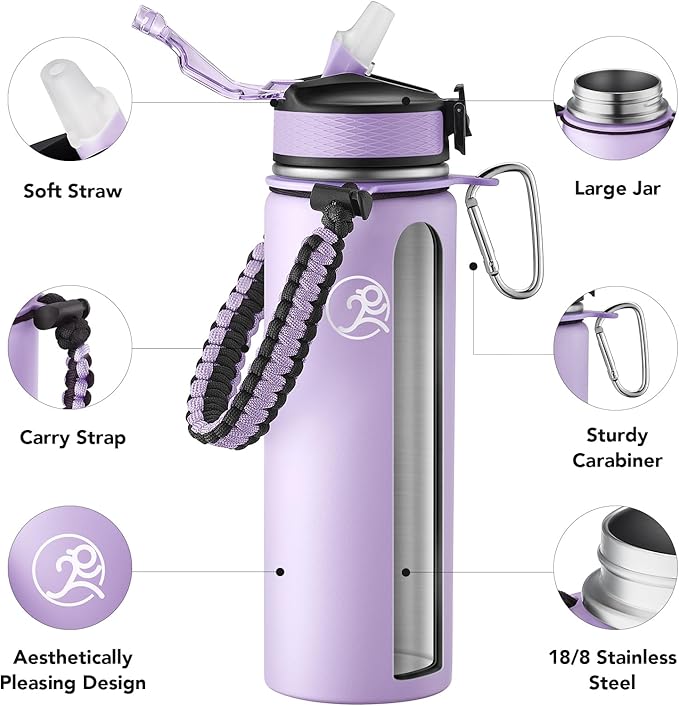 GOSWAG Insulated Sports Water Bottle, 24oz 2 Lids(with Straw/No Straw), Stainless Steel Water Bottles with Paracord Handle, Insulated Thermos with Double-Wall Vacuum Insulation