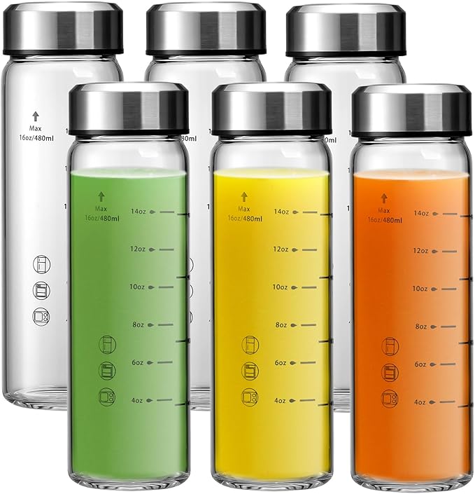SIEROZUR Juice Bottles - 6 Pack Wide Mouth Glass Bottles with Lids - for Juicing, Smoothies, Infused Water, Beverage Storage - 16oz, BPA Free, Stainless Steel Lids, Leakproof, Reusable, Borosilicate