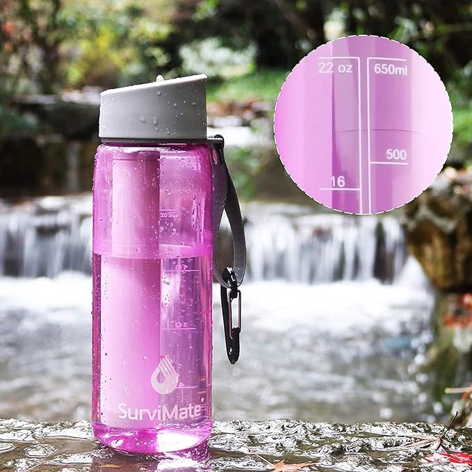SurviMate 0.01μm Ultra-Filtration Filtered Water Bottle, Portable Water Filter Bottle with 4-Stage Filtration for Survival, Camping, Hiking, Backpacking, Drinking, Emergency