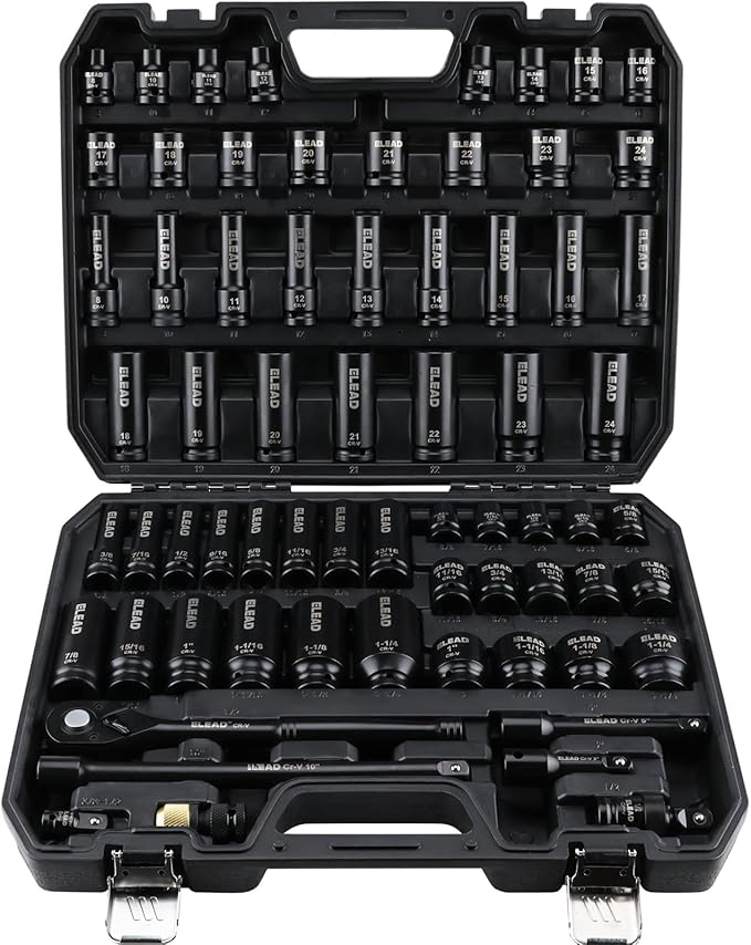 ELEAD 67 Piece 1/2" Drive Deep Impact Socket Set: Standard SAE (3/8"-1-1/4") & Metric (8-24 mm), Including 3 ", 5", 10" Extension Bar, Universal Joint, Ratchet Handle and Adapter