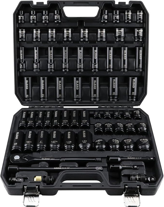 ELEAD 67 Piece 1/2" Drive Deep Impact Socket Set: Standard SAE (3/8"-1-1/4") & Metric (8-24 mm), Including 3 ", 5", 10" Extension Bar, Universal Joint, Ratchet Handle and Adapter