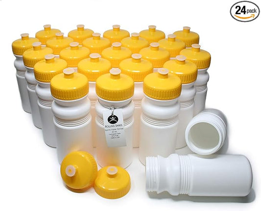 Rolling Sands 20 Ounce Sports Water Bottles 24 Pack, BPA-Free, Made in USA, Dishwasher Safe, White/Yellow