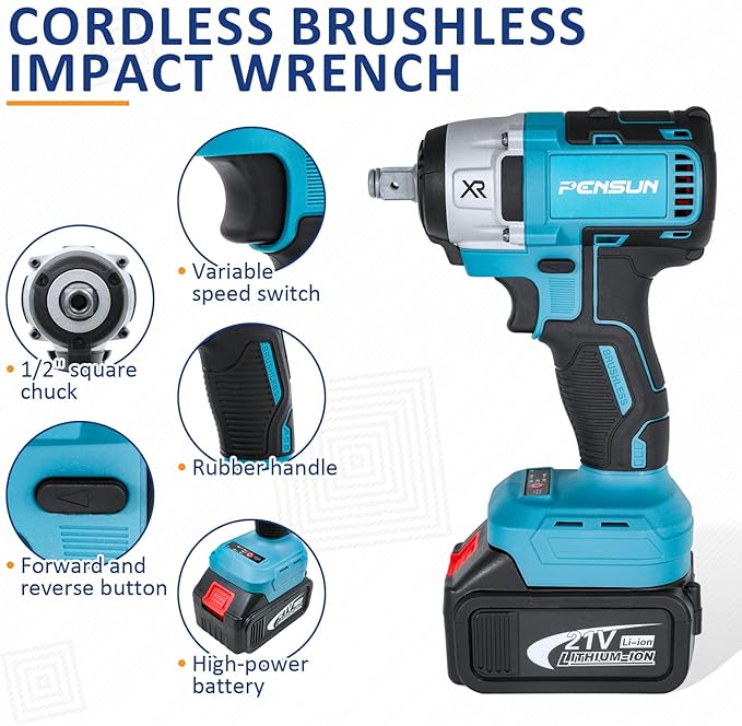 PENSUN Cordless Impact Wrench With Work Light, 3000 RPM & Max Torque 260 ft-lbs Brushless Impact Wrench, 1/2 Impact Gun with 2pcs 4.0Ah Li-ion Battery
