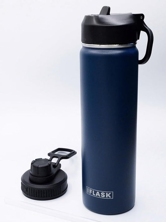 Sport Travel Outdoor Water Bottle with Spout and Straw Lids | Leak Proof | Insulated Stainless Steel Double Walled | BPA and Sweat free | Hot & Cold | For Kids Men & Women (Navy, 22 oz)