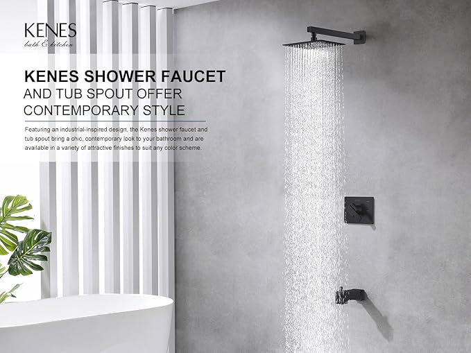 KENES Modern Matte Black Shower Faucet Set, Tub and Shower Trim Kit With Single-Spray Head, Square Faucet, KE-6024A-2 (Valve Included)