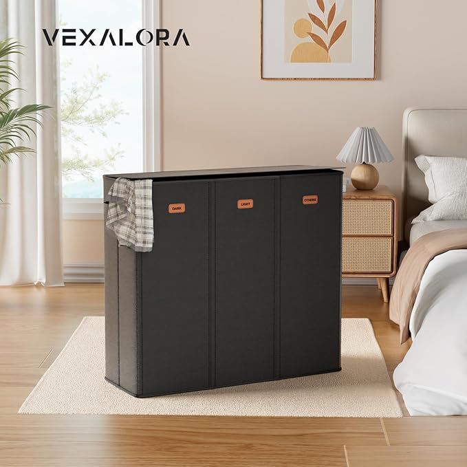 185L Laundry Hamper 3 Section, Laundry Hamper with Lid, Dirty Clothes Hamper with 3 Removable Washing Bags, Extra Large Laundry Basket Organizer for Bedroom, Laundry Room, Dorm - Black