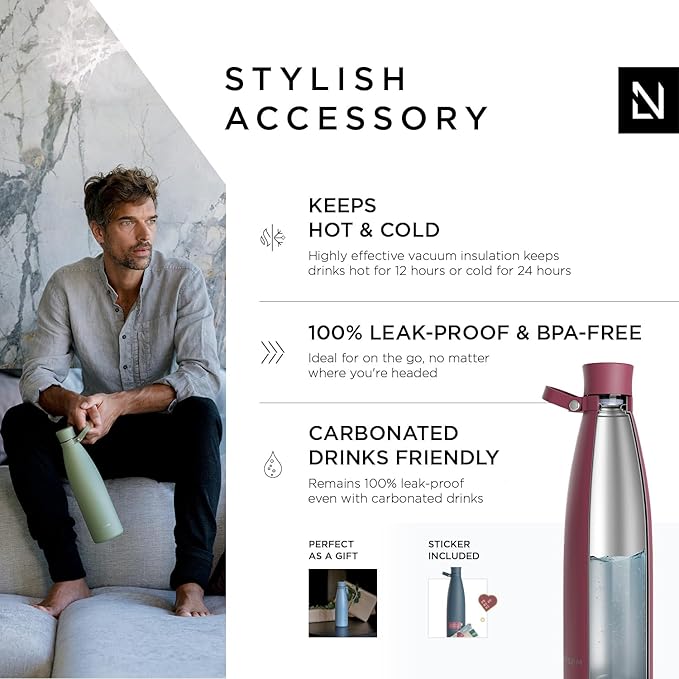 LARS NYSØM Stainless Steel Insulated Water Bottle 25oz 34oz | BPA-free Insulated Thermo Flask for Hot and Cold Beverages | Leakproof Drinking Bottle (Berry, 34oz)