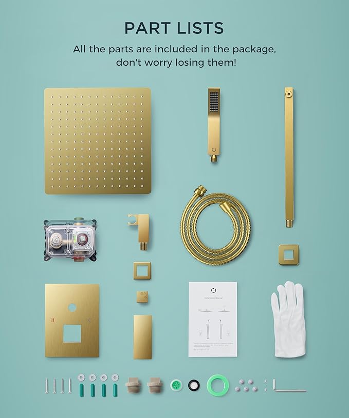 FORIOUS Rain Shower Head System, 10 Inch Shower Faucet Set with with handheld combo, Solid Brass Pressure Balanced Valve and Trim Kit Fixtures, Wall Mounted, Brushed Gold