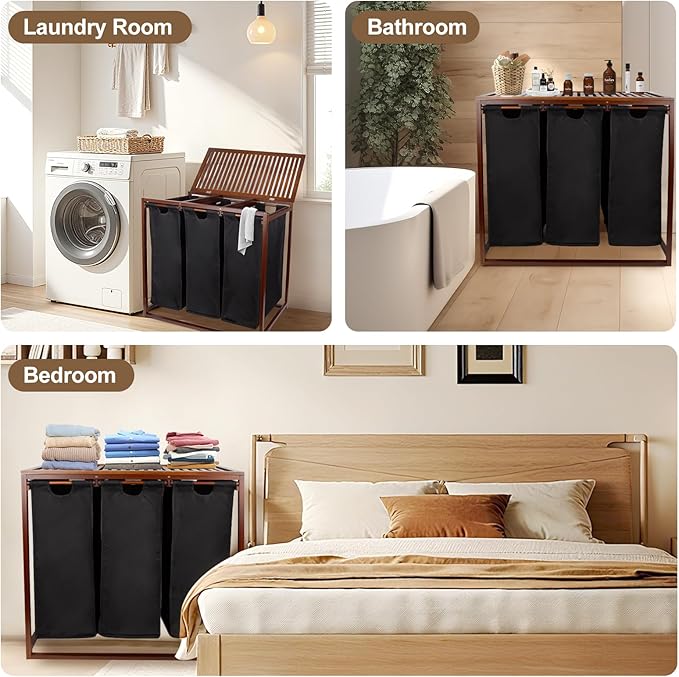 Bamboo Laundry Hamper 3 Section with Lid, 150 L Laundry Sorter with Pull-Out Removable Washable Bags, 3 × 12.5 Gal Divided Laundry Baskets for Laundry Room, Bathroom (Black)