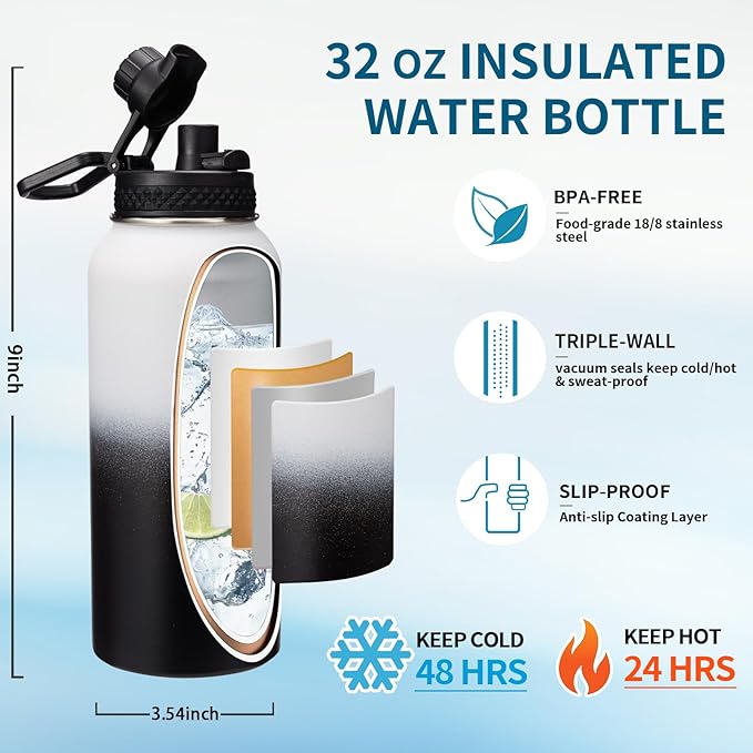 Metal Water Bottle 32 oz - Insulated Water Bottles Keep Cold 48H Hot 24H, Large Waterbottle with Strap, Straw & Spout Lid, Protective Boot, Wide Mouth Stainless Steel Thermo Jug Flask Sport Office