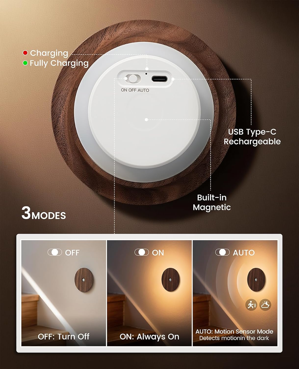 Motion Sensor Night Light Wood Rechargeable Battery-Powered Stick-On Step Lights Magnetic Closet Lights Warm Nightlight for Hallway Bedroom Stair (Black Walnut)