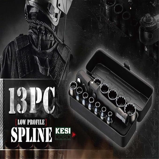 KESI Tool Socket Set 13-Piece, 1/4" Dr Quick Release Ratchet, SAE/Metric, Flex Locking Head Design, 12-piece 1/4" Dr Low Profile Spline, 72 Tooth Ratchet and Compact Paint Metal Case, Multi-function