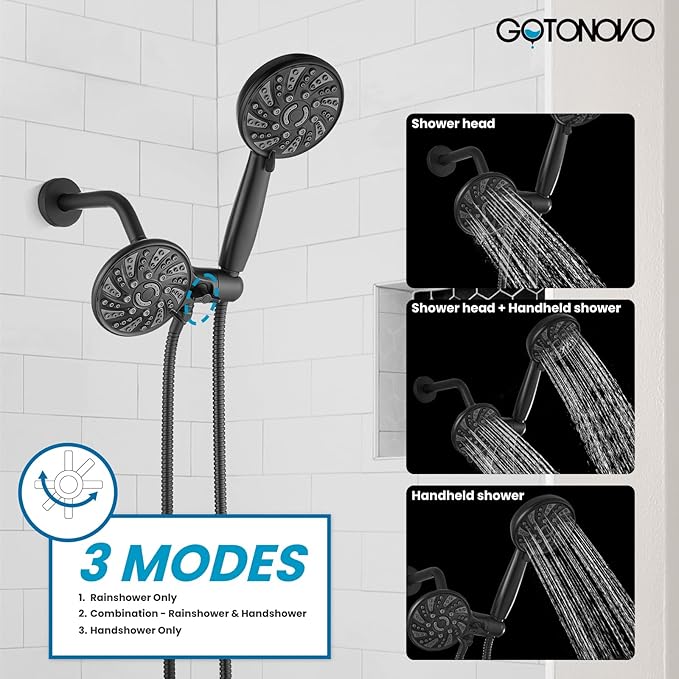 gotonovo 3 Handle Tub Shower Faucet Set, Dual Shower Head and Handle Set, Bathtub and Shower Faucet Combo,Shower System with Tub Spout,Wall Mount Tub Shower Trim Kit Matte Black
