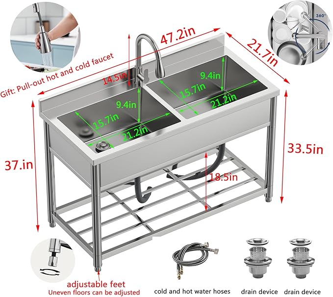 2-Compartment Commercial Sink, Stainless Steel Utility Sink with Pull-out Faucet, Free Standing Double Bowl Kitchen Sink for Restaurant, Garage, Shop, Cafe, Outoor, 21.7"D x 47.2"W x 37"H