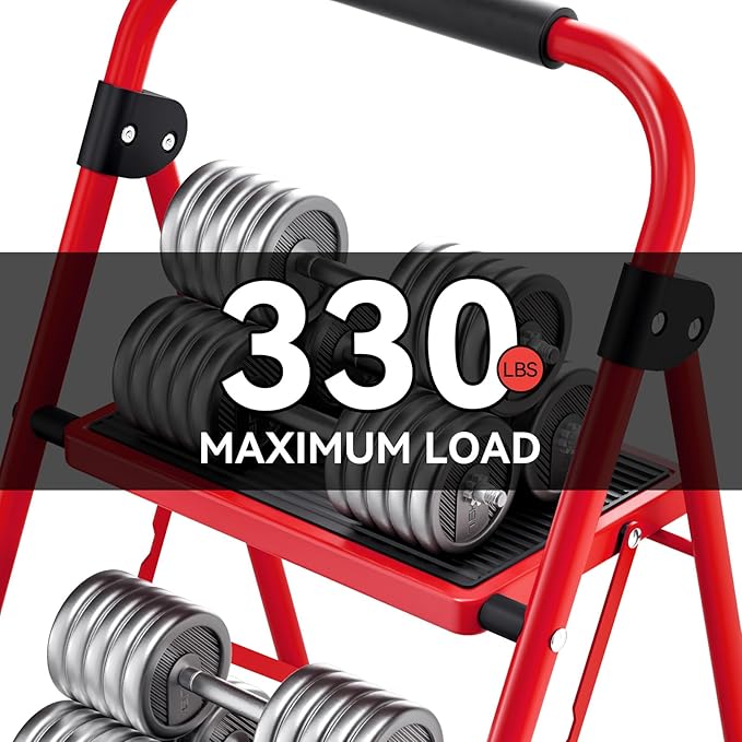 KINGRACK 2 Step Ladder, 2 Step Folding,Kitchen Ladder with Anti-Slip and Wide Pedal,Small Step Ladder with Handrails,Lightweight Portable Step Ladder for Kitchen Household,Red