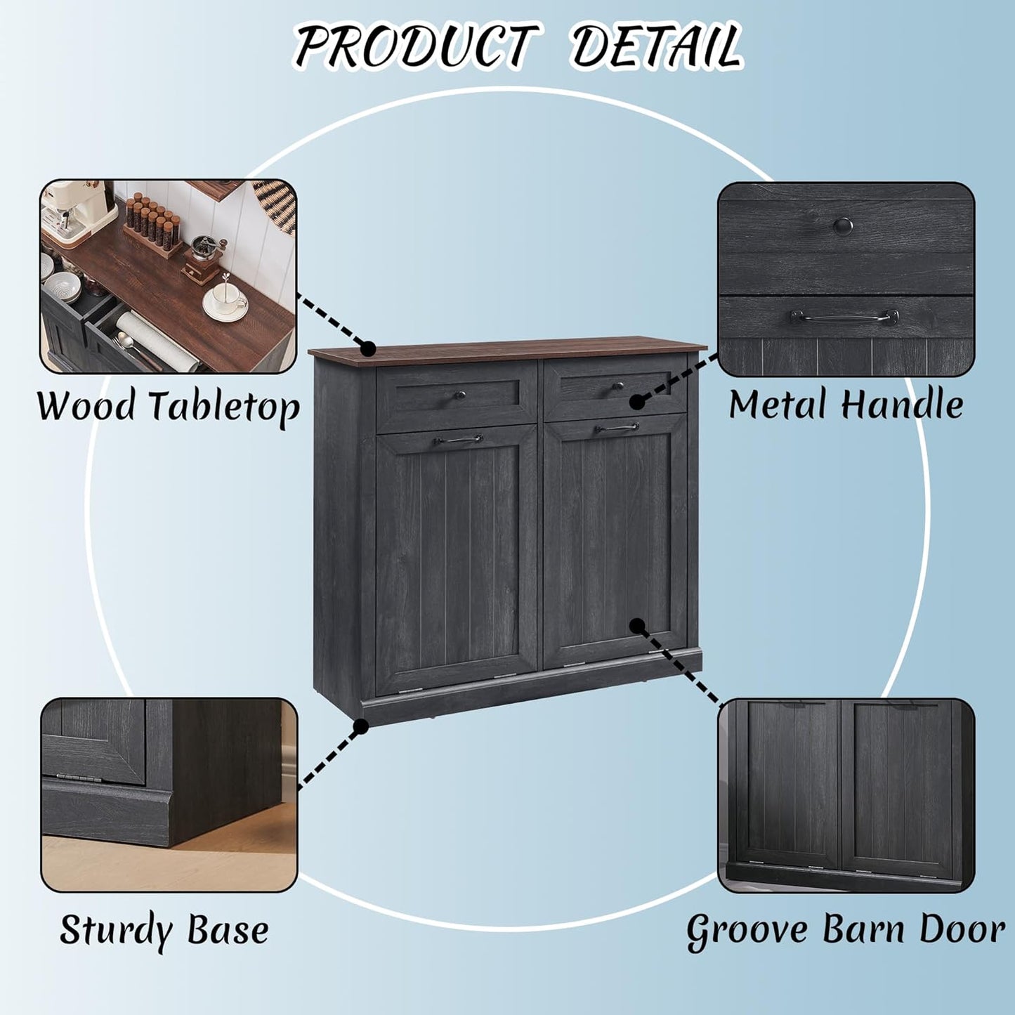 Double Tilt Out Laundry Hamper Cabinet, 20 Gallon Farmhouse Trash Can Cabinet with Drawer, Hidden Wood Garbage Can Bin Cabinet with Laundry Storage Basket for Bathroom, Kitchen, Dark Grey