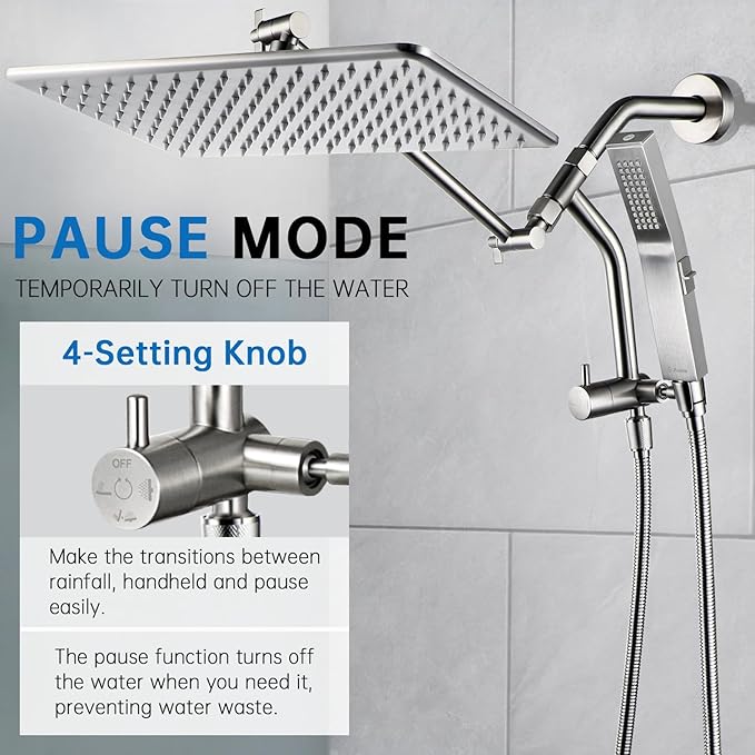 G-Promise All Metal 14 Inches Rain Shower Head with Handheld Built-in Power Wash Mode, 3-way Diverter with Pause Setting, 11 Inches Adjustable Extension Arm, Long Hose (Brushed Nickel, 14 Inches)