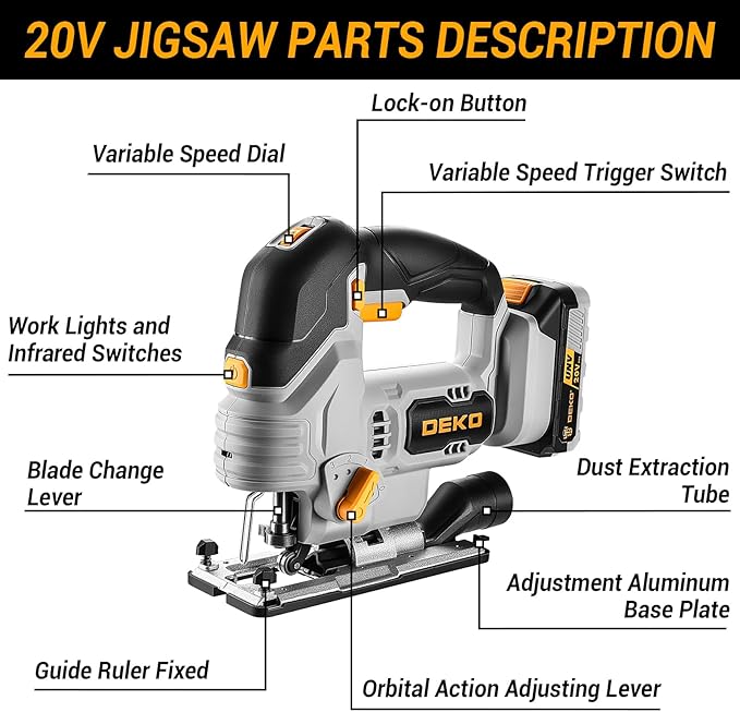 Jig Saw Cordless Electric Tool: DEKOPRO 20V Power Jigsaw with LED Light, 800-3000 RPM Variable Speed, 7/8" Stroke Length, 3 Orbital Settings, ±45° Bevel Cuts for Straight/Curve/Circle Cutting (Gray)