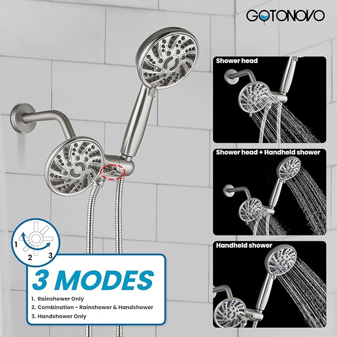 gotonovo Dual 2 in 1 Shower Head Kit High Pressure Combo System Shower Faucet 6 Modes ABS Handheld Spray Shower Trim Kit with Valve Shower Head and Handle Set Brushed Nickel