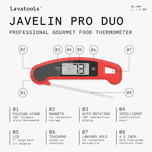 PX1D Javelin PRO Duo Ultra Fast Professional Digital Instant Read Meat Thermometer for Grill and Cooking, 4.5" Probe, Auto-Rotating Backlit Display, Splash Resistant – Sambal