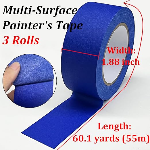 3 Rolls Premium Painters Tape, 1.88inch x 60.1yds, Professional Grade Paint Paper Tape Blue Painter Tapes for Indoor and Outdoor Use, Crafts, Arts, Wall Painting, Labeling, Decorations, Removes Easily