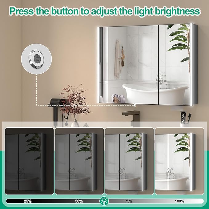 32x24 Inch Medicine Cabinet with LED Light Mirror, Brightneess Adjustable and Full-Assembled Bathroom Aluminum Cabinet with Storage, Surface or Recessed Tempered Cabinet, Farmhouse Black