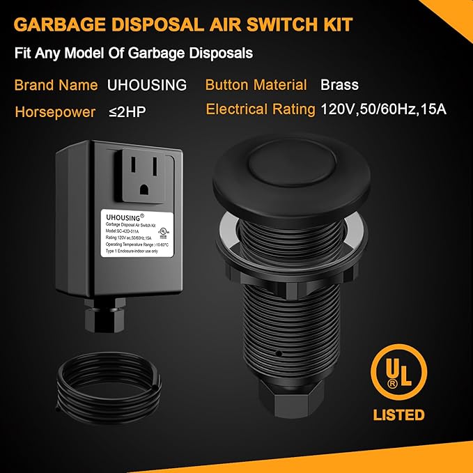 Garbage Disposal Air Switch Kit - UL Certified Sink Top Switch with Long 3.5" Brass Button by UHOUSING, Complete All-in-One Kit for All Disposals (Matte Black)